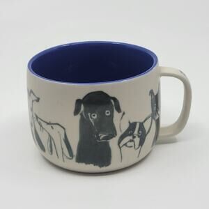 Anthropologie Dog Person Mug Cream Stoneware  Blue 12 oz Coffee Cup Mug